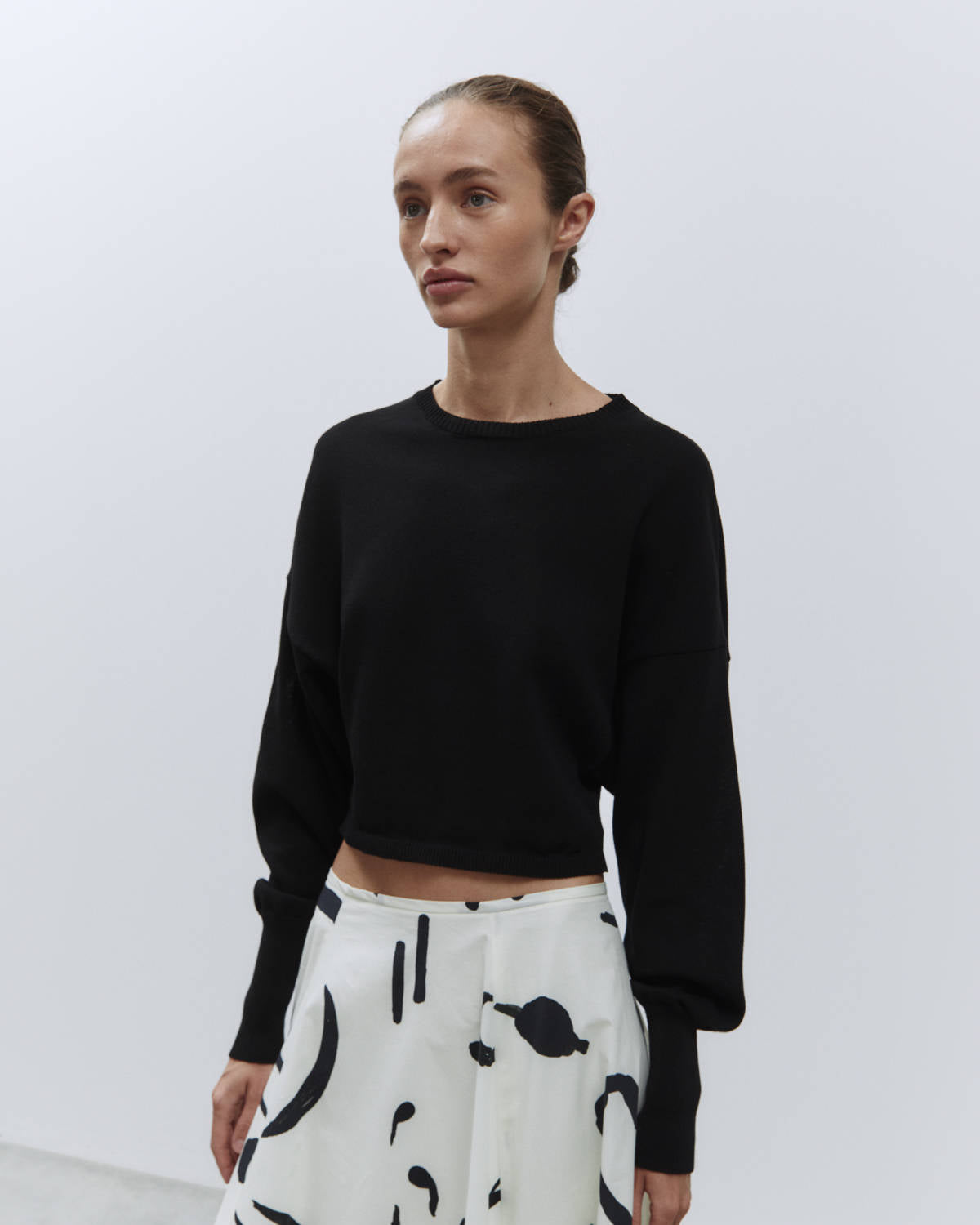 CROPPED COTTON CREPE SWEATER Black