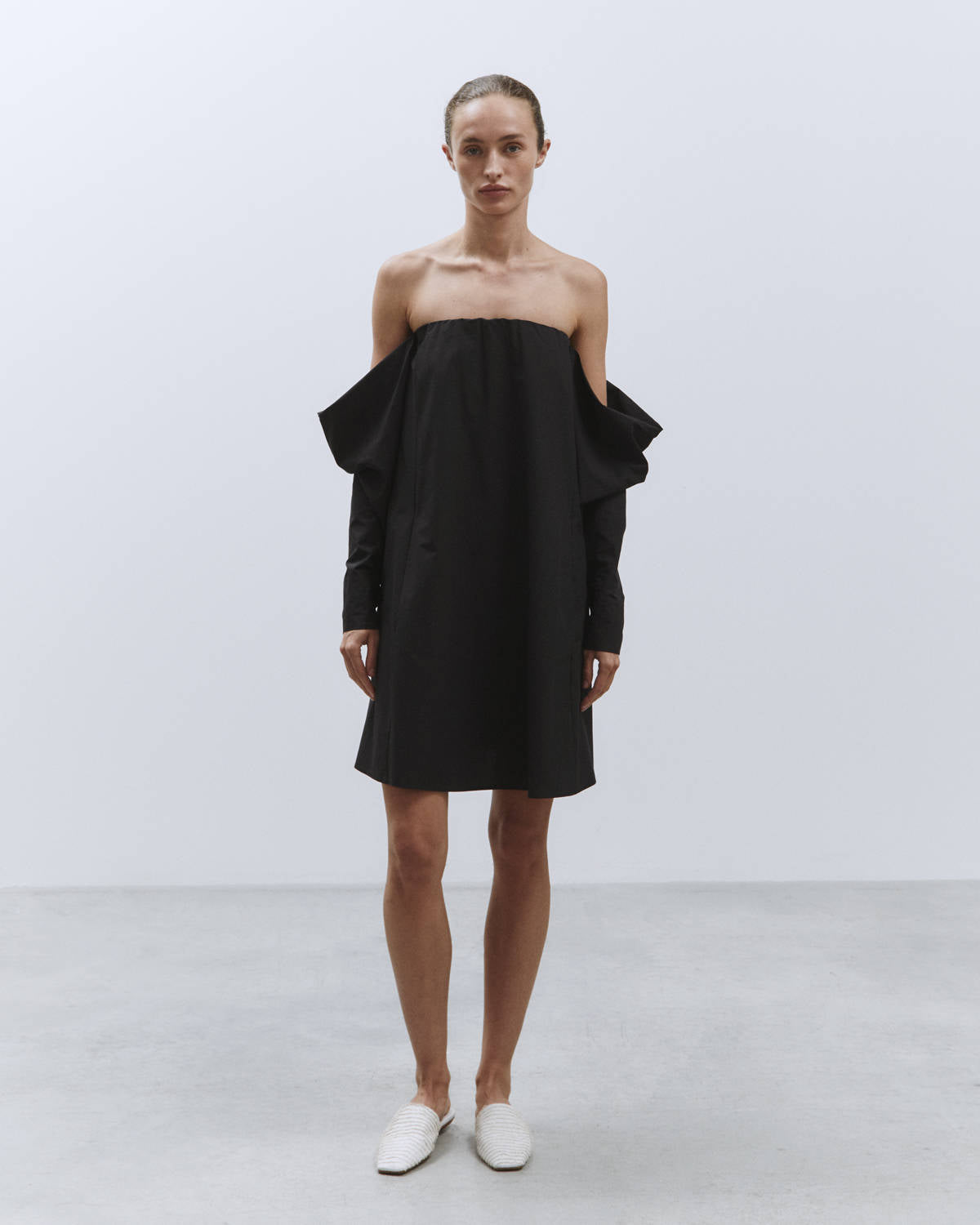 POPLIN MINI DRESS OFF THE SHOULDER Black